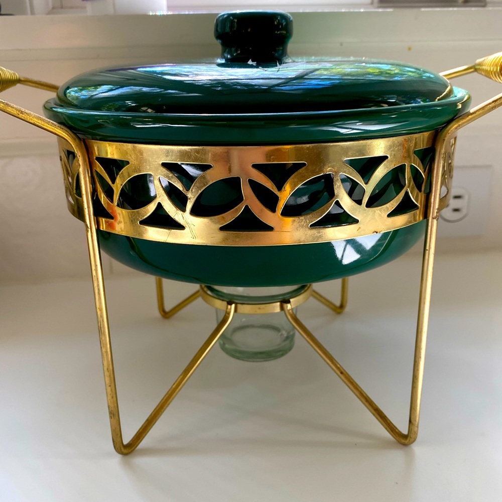 Vintage Bauer green casserole chafing dish with original metal stand